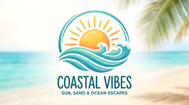 Coastal vibes logo design with sun and ocean waves for tropical travel agency or beach resort branding identity project featuring vibrant blue and yellow colors on blurred seaside landscape backdrop.