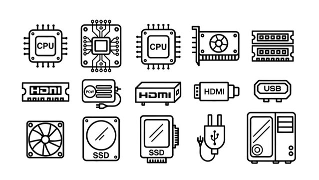 Computer hardware icons, technology symbols, electronic components, circuit board elements, digital device graphics
