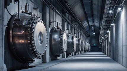 Fototapeta premium Industrial facility featuring a row of large, robust metal pressure vessels or storage tanks, forming part of a complex underground technological infrastructure