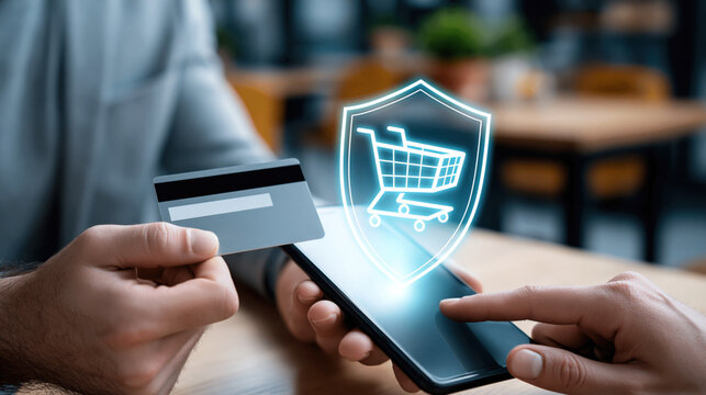 Secure mobile payment with credit card and protected online shopping checkout on smartphone screen