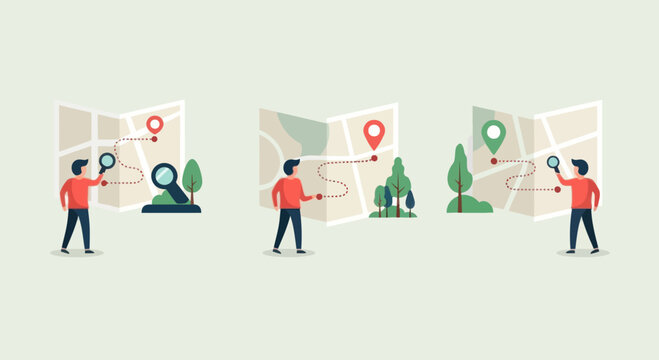 Man with Magnifying Glass Exploring Map and Route with Pins