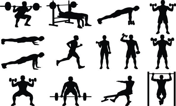 Comprehensive fitness exercise silhouettes set featuring weightlifting running pushups pullups strength training and gym workout routines
