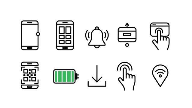 Mobile payment icons, wireless symbols, smart phone graphics, digital transaction signs, 8 icon set