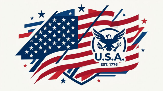 Dynamic american flag design with bold stars and stripes vibrant red white and blue colors and a patriotic eagle emblem 1776 inscription on a clean background symbolizing national