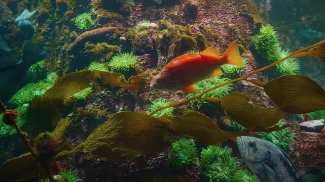 A black rockfish (Sebastes melanops) swims gracefully among vibrant green and brown kelp in an underwater exhibit at the Vancouver Aquarium in Stanley Park.