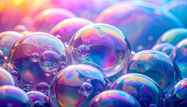 Vibrant close up of soap bubbles with iridescent colors and reflective light