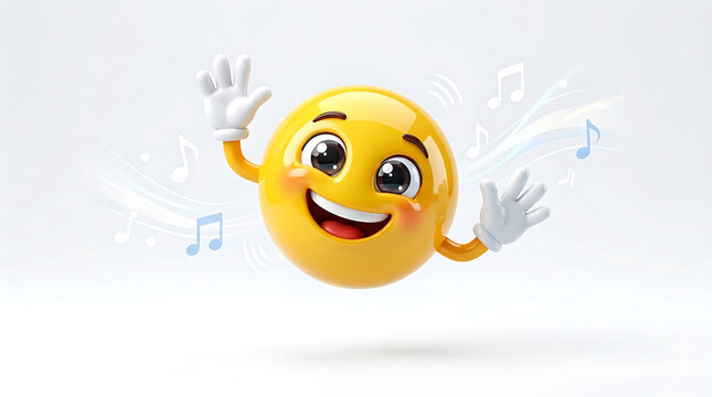 Cheerful 3D emoji character waving with musical notes, symbolizing happiness and celebration.