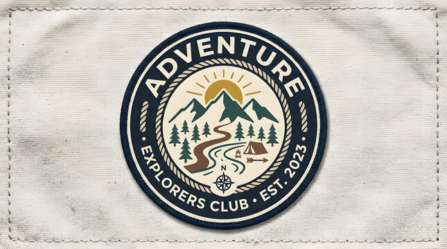 Adventure explorers badge patch logo with mountains river camp compass pine trees sun design text est 2023 outdoor recreation textile embroidered.
