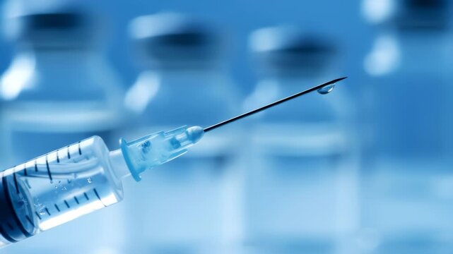 A hypodermic syringe with a droplet hangs near vials in a lab.