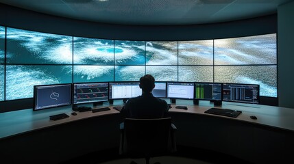 Naklejka premium Data analyst sitting at a curved desk, intently monitoring complex information and dynamic visualizations displayed across multiple computer screens and a large video wall
