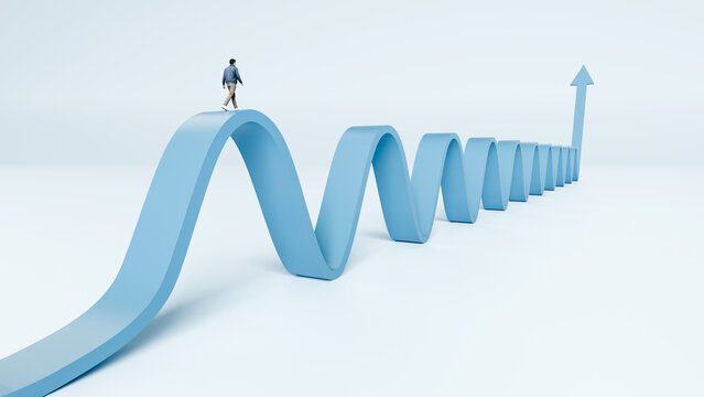 Man walking on winding blue path with peaks and valleys ending in an upward arrow representing market volatility and long term success, 3d render