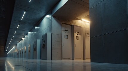 Fototapeta premium Long concrete hallway featuring a row of dark data servers and industrial machines along one wall, creating an atmosphere of modern technology and secure infrastructure