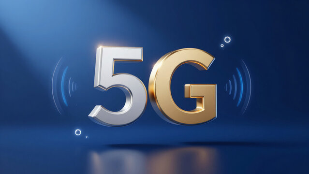 Rendu 3D d'un symbole de technologie 5g avec des ondes de signal sur fond bleu