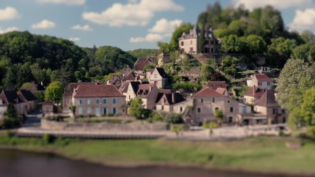 Limeuil Medieval Village Tilt-Shift Aerial Shot Over River
