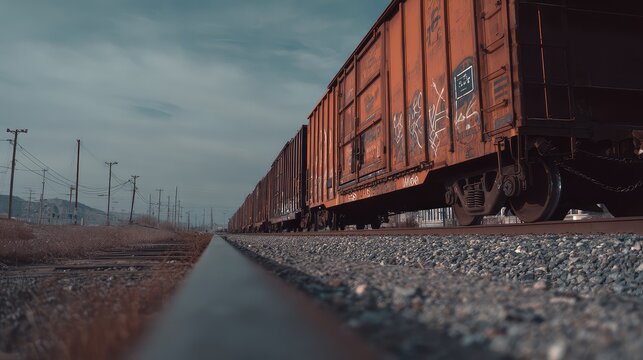 Freight train boxcars with graffiti moving along parallel railroad tracks on gravel, with power poles and dry vegetation in the distance under a partly cloudy sky