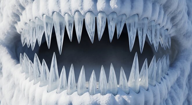 Sharp Icy Monster Teeth Forming Open Frozen Mouth in Surreal Winter Scene