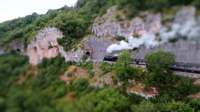 Martel Steam Train in French Countryside Aerial Tilt-Shift