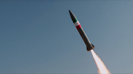 Naklejka premium Powerful rocket launch with fiery exhaust plume against a clear blue sky, illustrating advanced technology and aerospace development, close-up view