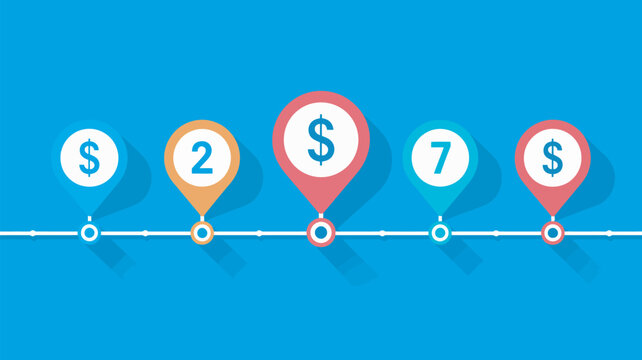 Financial timeline with dollar signs and numbers on blue background