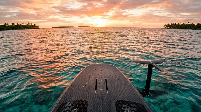 Foilboard Deck POV First Person View During Hydrofoil Flight - Foil Surfing Perspective Stock Photo