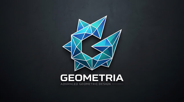 Geometria logo showcasing modern letter g shaped with blue low poly crystal triangles on dark textured background for creative design agency and tech company branding with geometric art aesthetic.