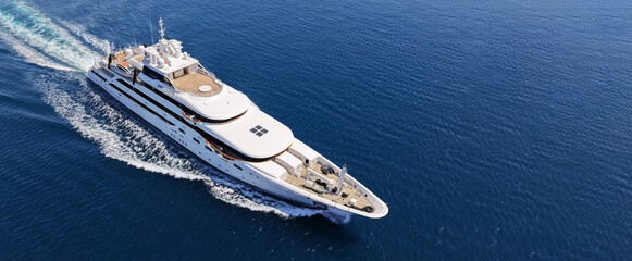 Aerial drone ultra wide panoramic photo with copy space of luxury yacht with wooden deck cruising near port Port Hercules in deep blue sea, Monaco, France