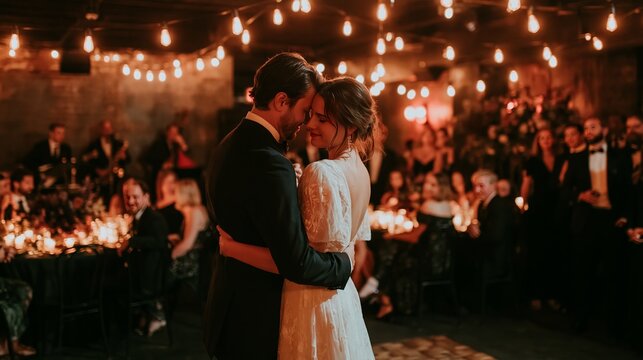 Bride and groom dancing closely at a wedding reception in a moody underground venue with warm string lights illuminating the intimate atmosphere and guests seated at tables
