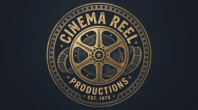 Vintage cinema reel productions logo on a dark background, featuring a classic film reel and intricate gold design, established 1978.