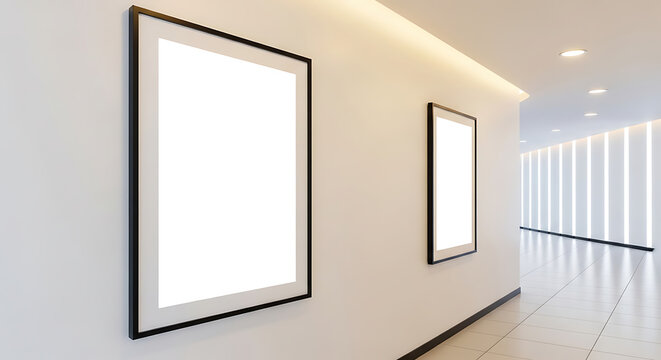 Modern gallery interior with two blank empty white picture frames hanging on a clean wall for art display interior minimalist exhibition placeholder architecture