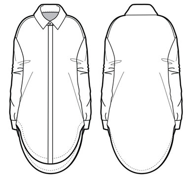 Women shirt dress design with collar flat sketch fashion illustration with front and back view, Long Sleeve tunic shirt dress technical drawing vector template