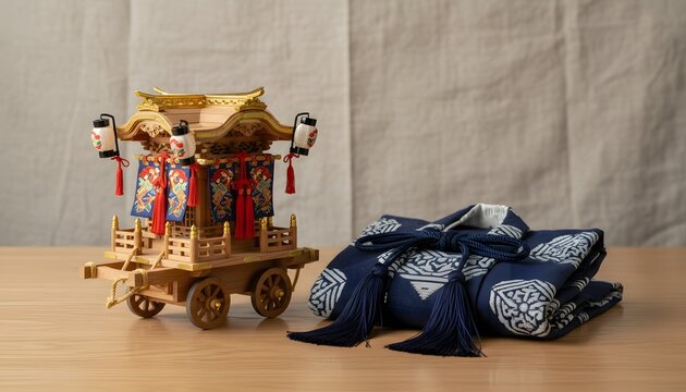 Miniature japanese festival float and blue costume for Gion Matsuri celebration concept, representing Kyoto heritage and traditional craft on a wooden table