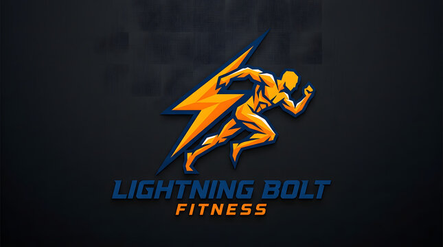 Lightning bolt fitness logo running man figure integrated with electric symbol representing speed agility power and athletic performance for gym training sport concept dynamic motion.