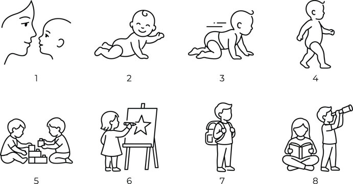 Professional Monochrome Childhood Development Icon Set Featuring Early Learning Play and Educational Growth Illustrations