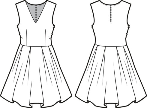 Women sleeveless Skater mini dress design flat sketch fashion illustration drawing with front and back view