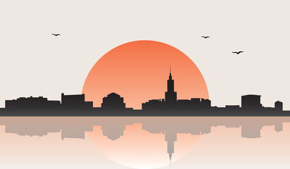 Obraz premium Minimalist contemporary Japanese-style drawing of a half sun skyline with water reflection poster panorama of WARSAW, POLAND