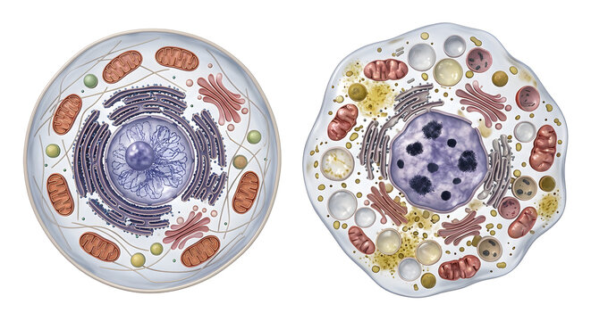 Scientific 3D Render Comparing Normal and Senescent Cell Anatomy