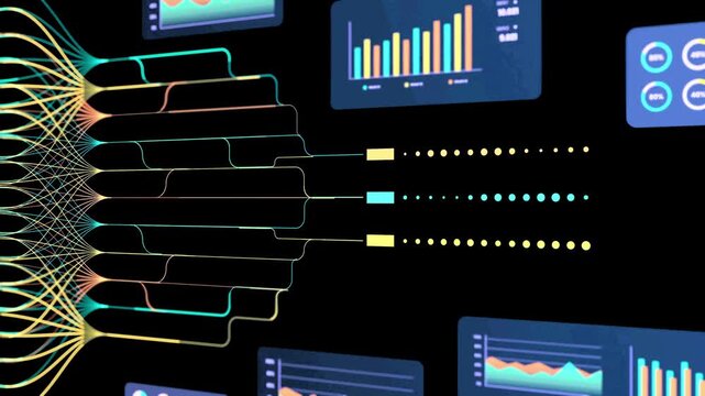 Digital brain neural network analysis on computer monitors in dark office