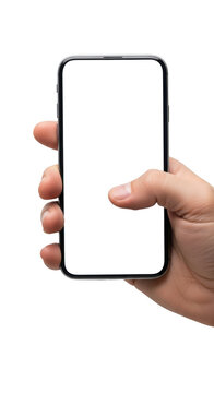 Hand holding smartphone with blank screen isolated isolated on transparent background,png,PNG