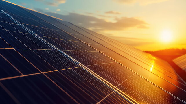Solar panels absorbing sunlight at evening, converting solar energy into renewable electricity and contributing to sustainable power generation for a greener environment