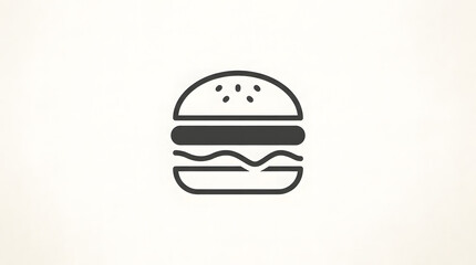 Fototapeta premium A simple and stylized graphic of a classic burger, featuring a bun, patty, cheese, and sesame seeds, presented on a clean white background.