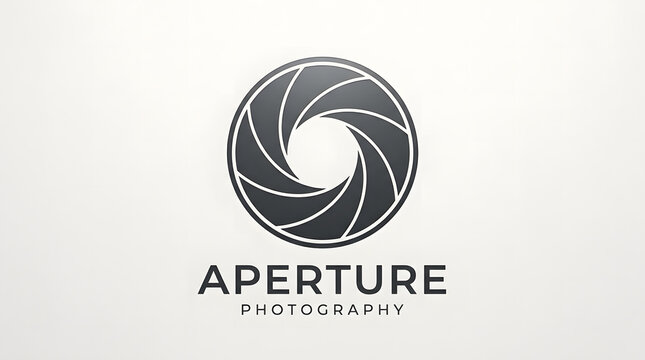 A sophisticated logo for aperture photography, featuring a stylized camera lens aperture with multiple blades, set against a pristine white background.