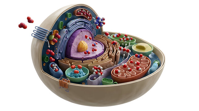 Detailed 3D Cross-Section of an Animal Cell Anatomy Featuring Organelles and Molecular Interactions