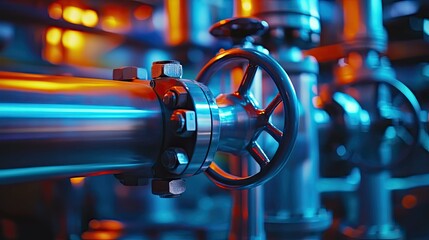 Fototapeta premium Industrial pipeline with metal valves, bolts and chrome fittings showcasing modern engineering, fluid control and transport in a refinery or factory, lit in blue and orange tones