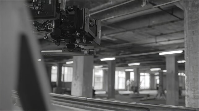 Professional cinema camera rig gliding on a dolly slider in a large industrial studio, black and white film set with concrete pillars, windows and cinematic motion control