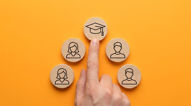 Educational leadership and career development concept, wooden blocks with student and graduation icons, finger pointing to academic success on orange background