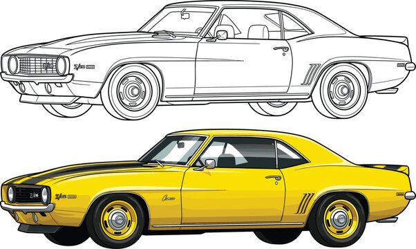 Classic Muscle Car Vector Illustration Featuring Yellow Sports Car Design and Detailed Line Art for Automotive Enthusiasts