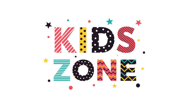 Playful kids zone sign features bold colorful letters with various patterns like dots, stripes, and zigzags for a fun children play area design.