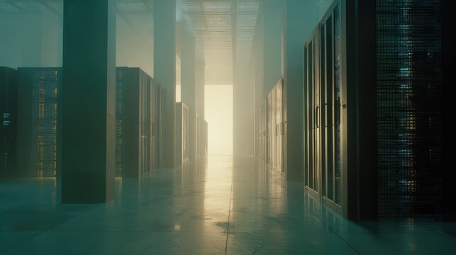 Server room architecture filling a vast space with many rack cabinets housing computing equipment and network devices, creating a digital infrastructure and an advanced data storage system