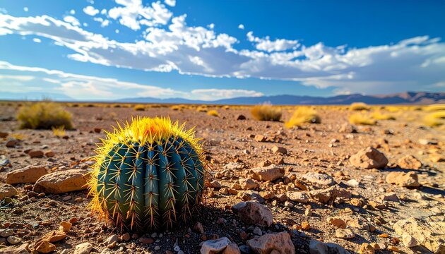Desert cactus under vast sky with scattered clouds and distant mountain range