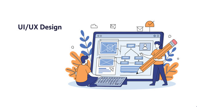 Creative UI/UX design process showing designers working on a website interface layout with a large pencil and screen.